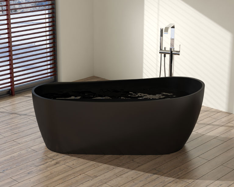 black freestanding bathtub. 