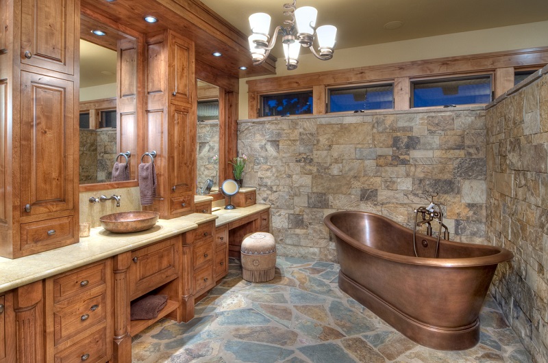 copper tub in bathroom.