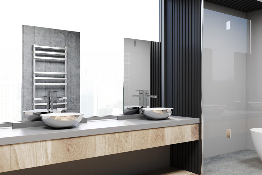 Light Gray and Wooden Vanity with Double Steel Vessel Sink.