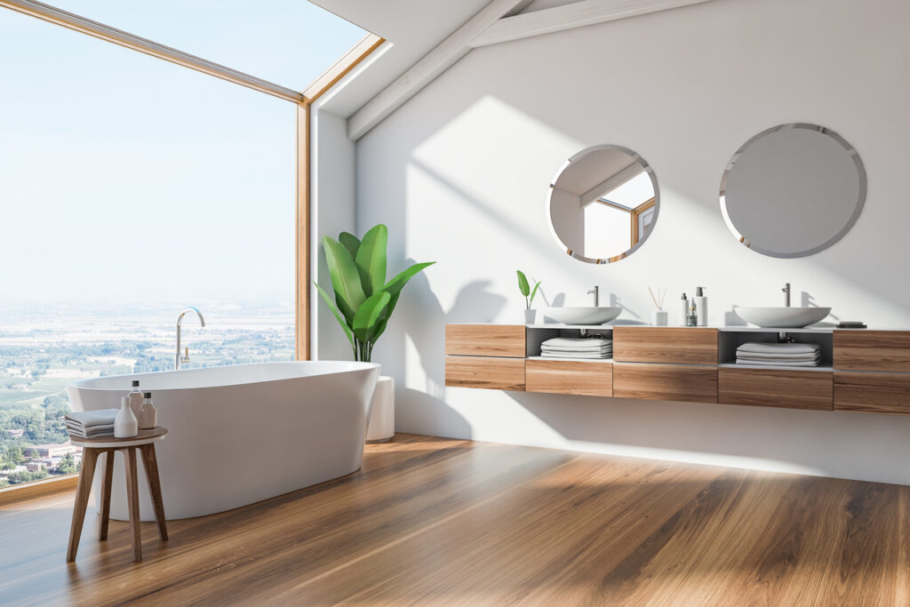 Wooden Floating Vanity with Double Bowl Vessel Sink.