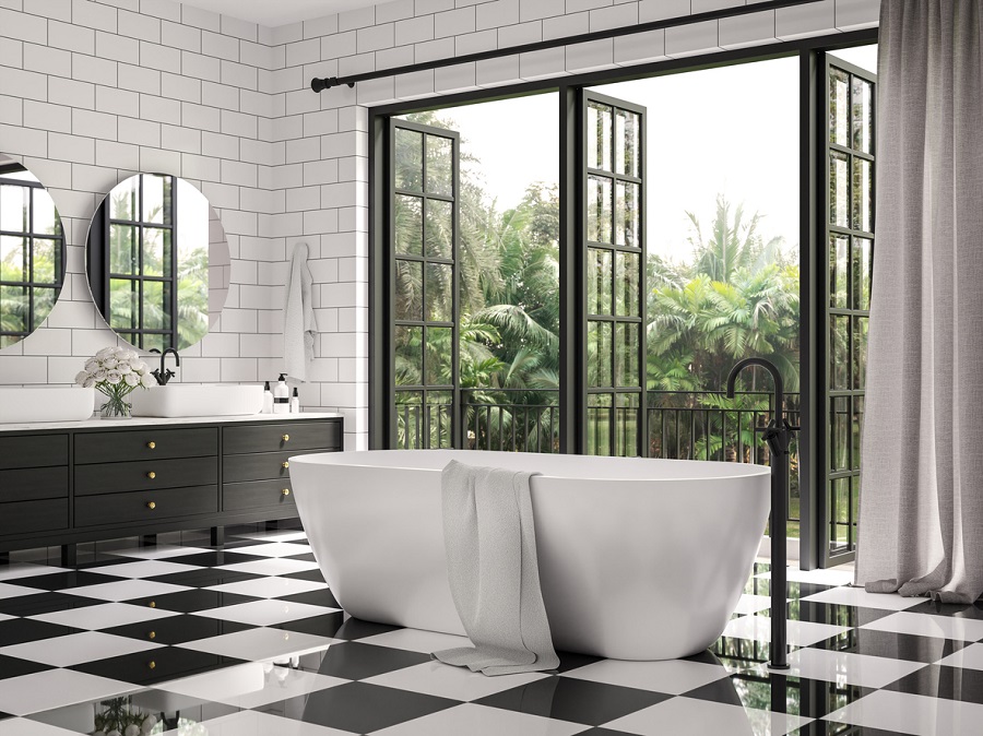 classic black and white master bathroom.