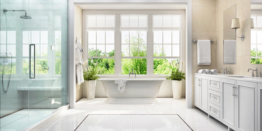 spacious master bathroom with natural lighting.