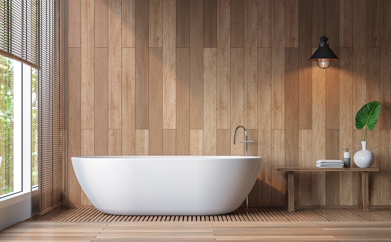 White Bathtub with Wood Wall