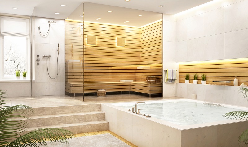 spa bathtub in large bathroom. 