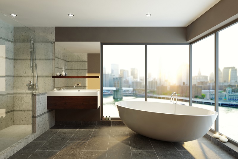 Modern bathroom with city skyline views