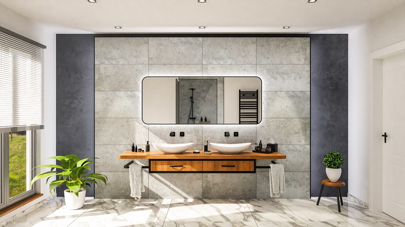 Modern bathroom with vanity basin on a wodden oak top vanity with black water faucet 3D-Illustration