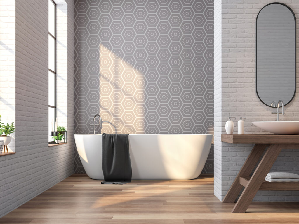 Vintage bathroom white brick and gray tile wall 3d rendering image