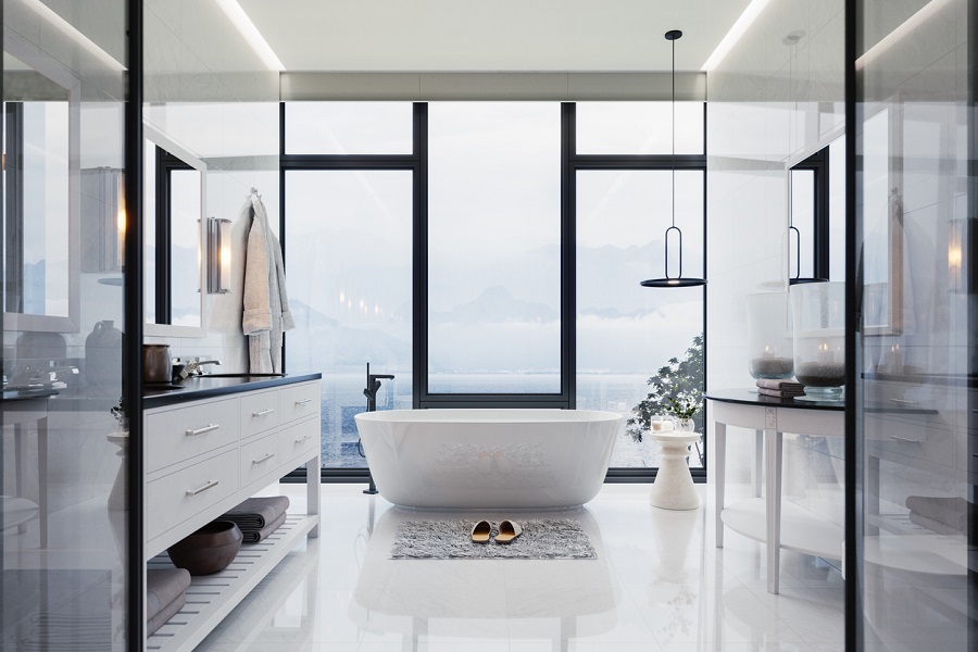 Luxury Bathroom Interior With hot tub And Beautiful Sea View