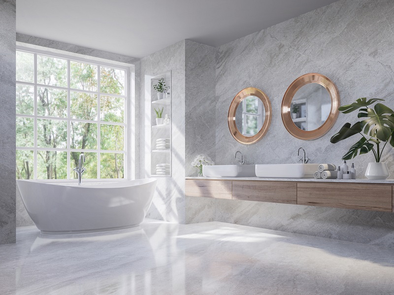 Luxury style light gray bathroom with nature view 3d render