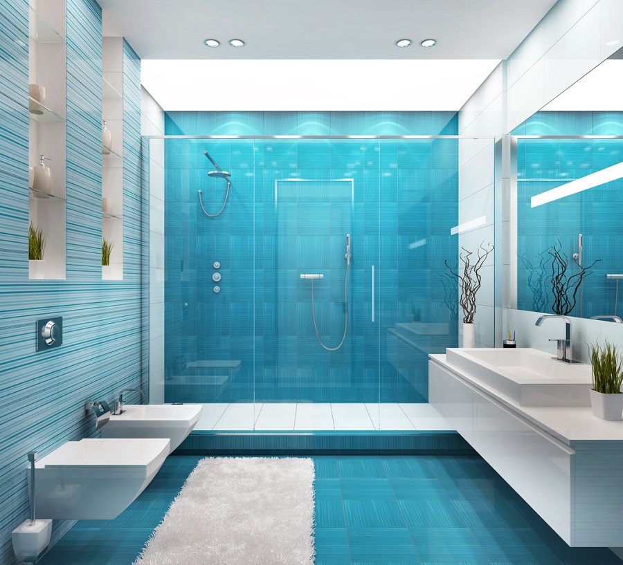 Big blue bathroom design with shower