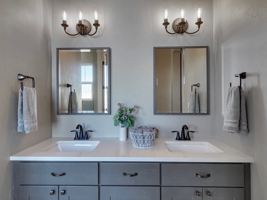 Modern Master Bathroom Light And Dark Grey Home Interior Real Estate Listing Straight On View Staged