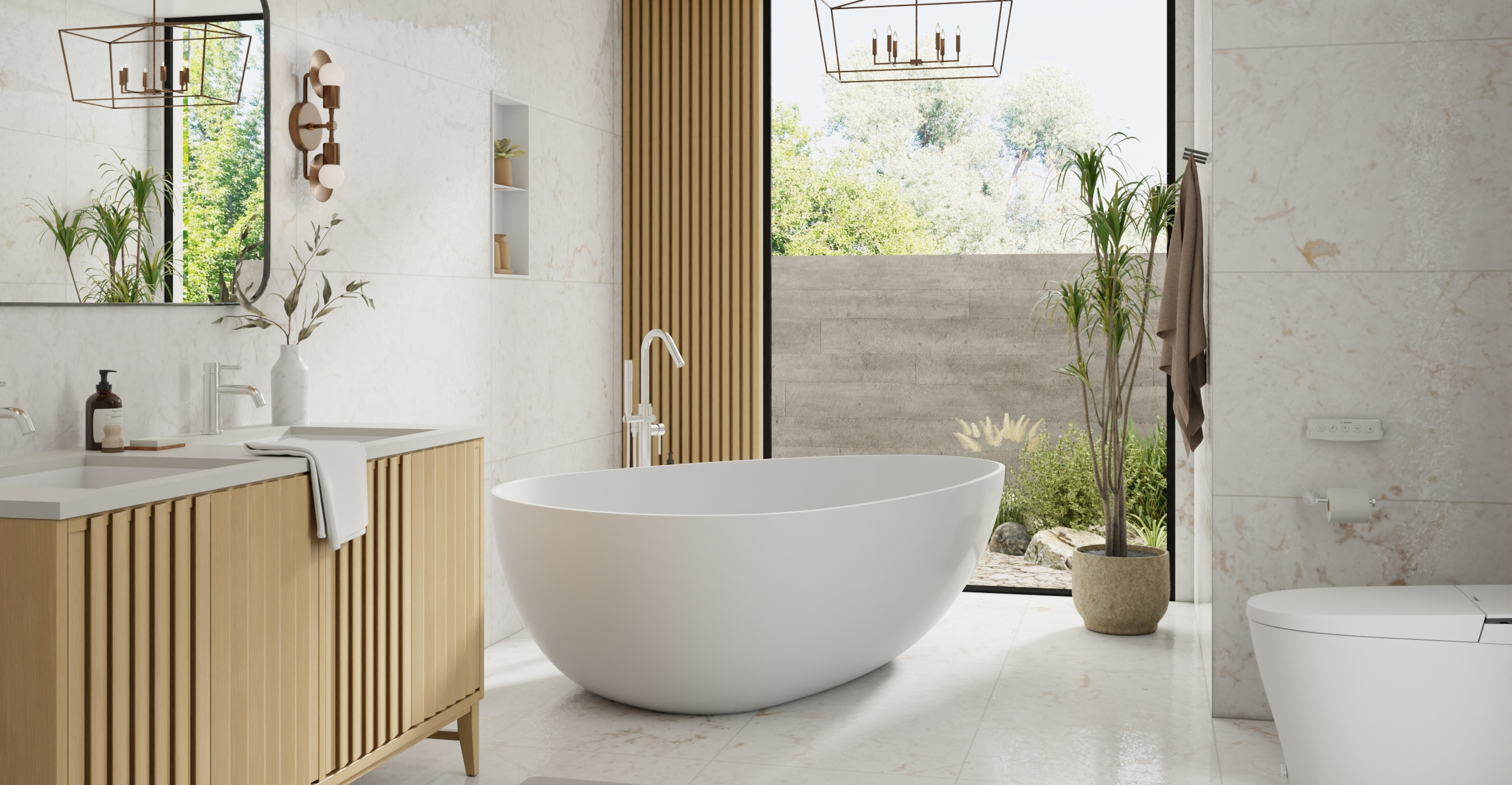 Badeloft BW-01-XXL white gloss freestanding bathtub in contemporary bathroom with gold vanity, round mirror and floor-to-ceiling windows