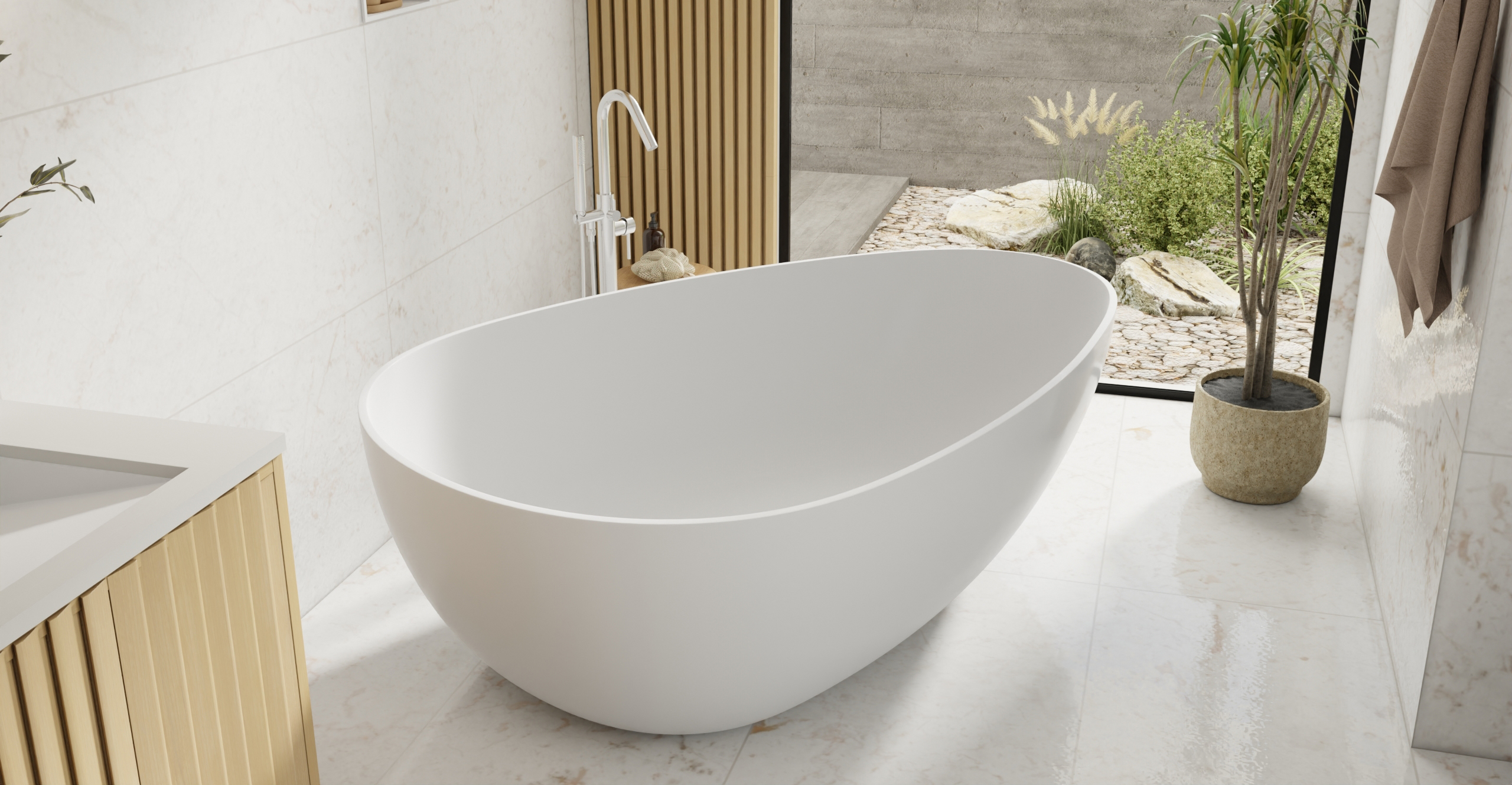 Badeloft BW-01-XXL freestanding bathtub in white gloss finish, oval stone resin soaking tub with chrome floor-mounted faucet in modern bathroom