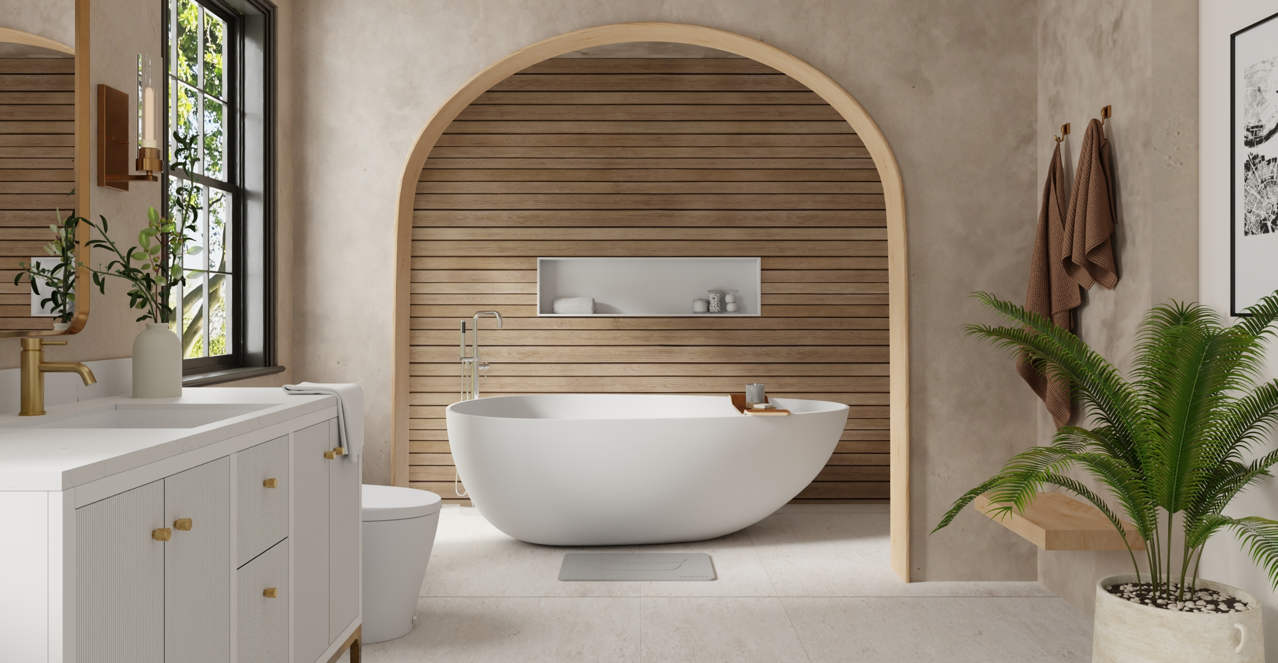 Badeloft BW-01-XXL white matte freestanding bathtub front view in spa bathroom with wooden arch feature wall, tropical plants and natural lighting