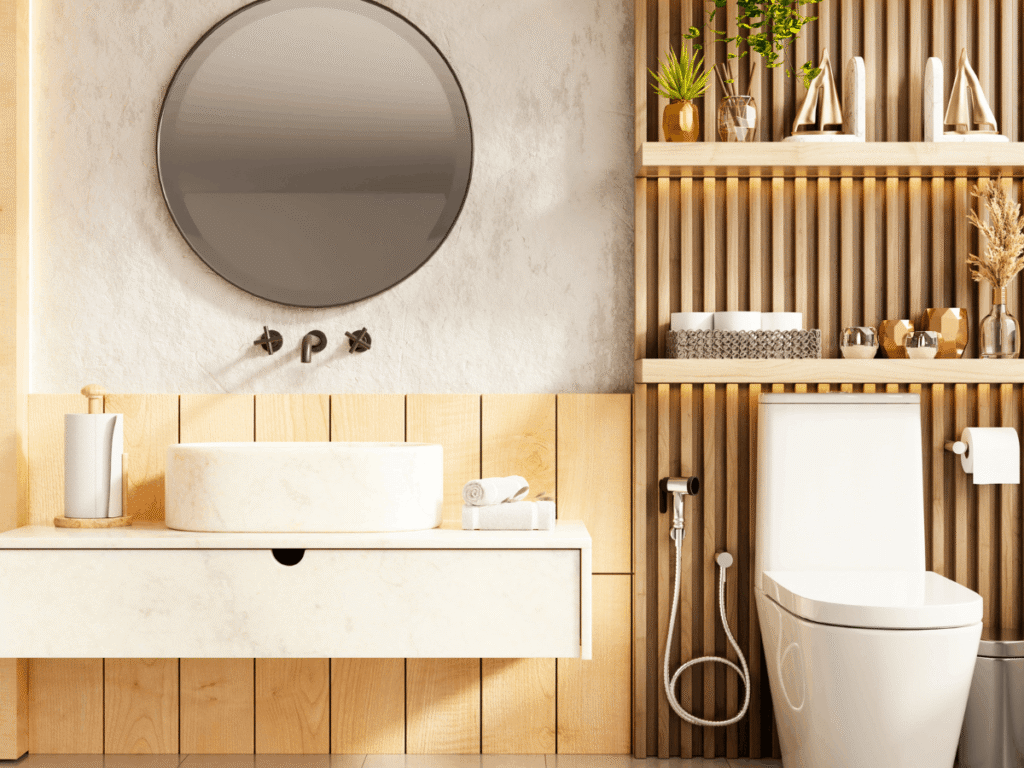 Contemporary bathroom with wood slat wall, floating vanity, round mirror, vessel sink, and modern toilet, styled with warm lighting and natural decor accents.