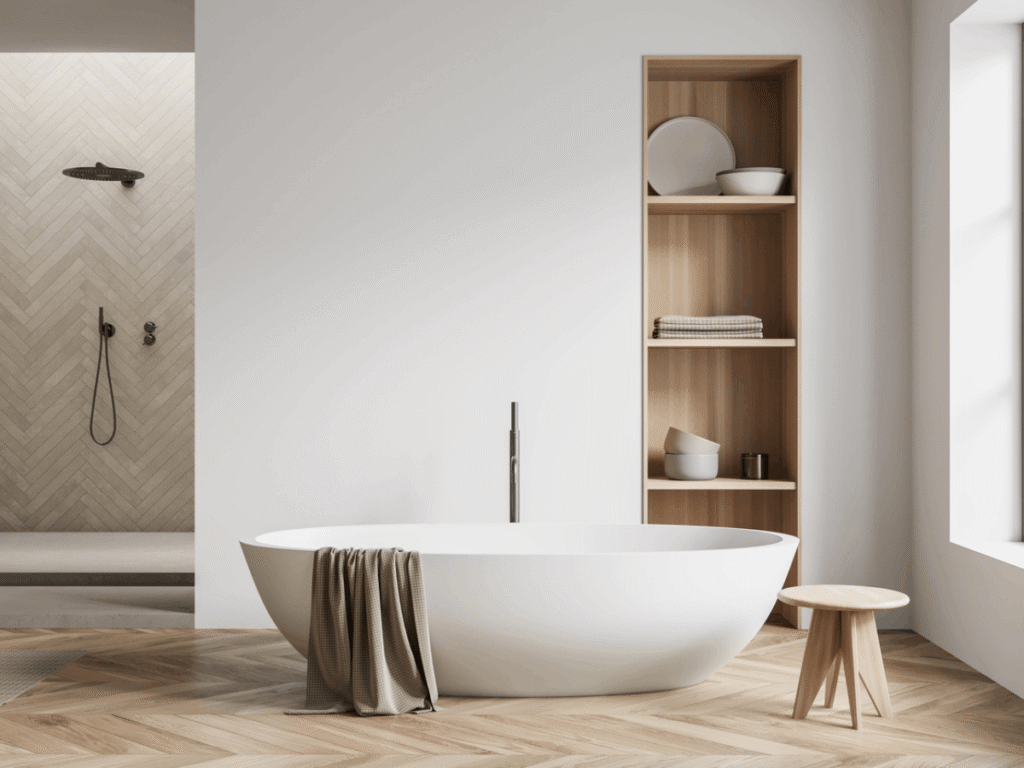 Modern bathroom with stone resin freestanding bathtub, wood shelving, herringbone floor, and walk-in shower creating a calm, minimalist space.