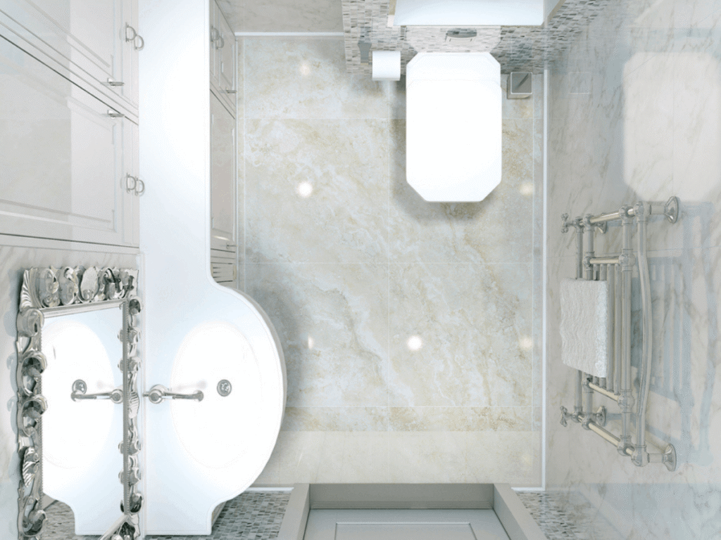 Top view of 1/2 bathroom layout with vanity sink, toilet, storage cabinetry, and compact design optimized for small spaces.