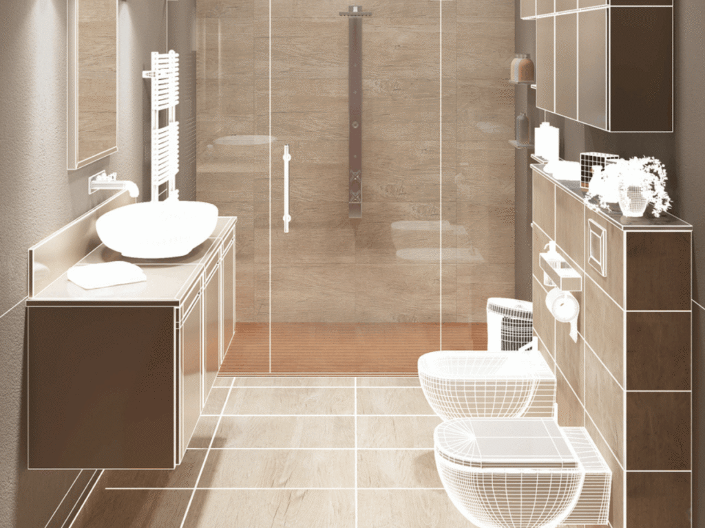 3/4 bathroom design with walk-in glass shower, vanity sink, and toilet, showing a modern layout with wood finishes and efficient space planning.
