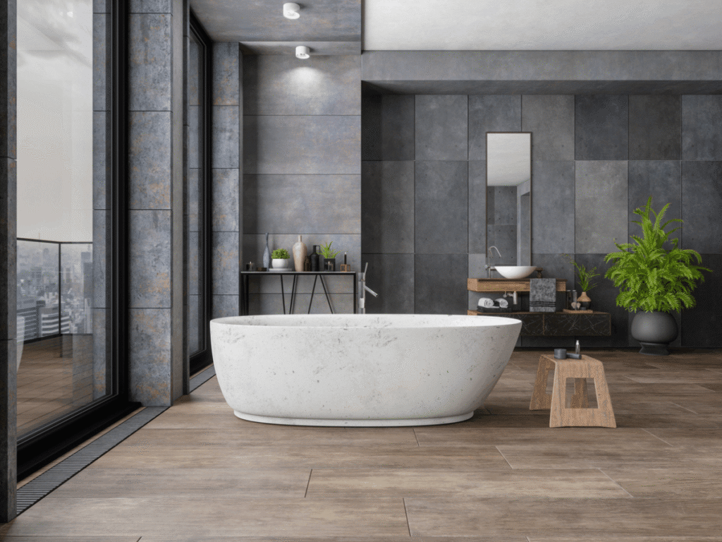 Luxury bathroom with natural stone freestanding bathtub, dark tile walls, wood flooring, and large windows creating a modern, spa-like space.