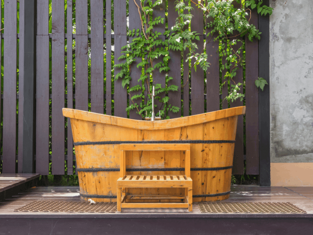 Wood Bathtub Outdoor Soaking Tub in Natural Spa Setting