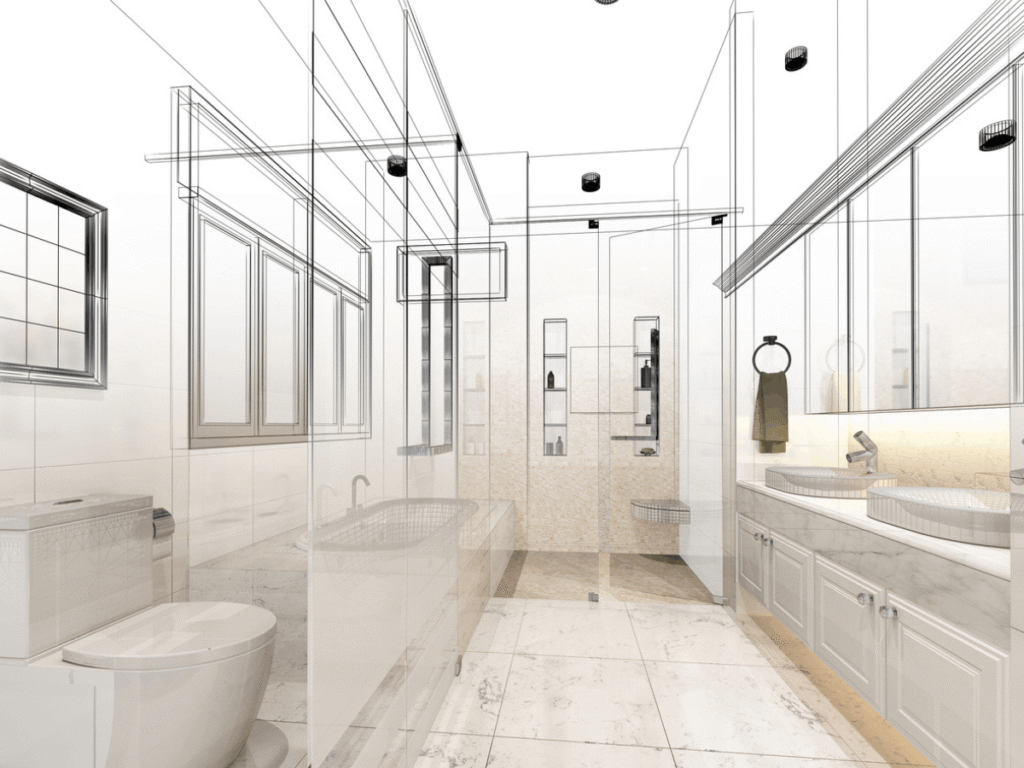 Full bathroom layout with freestanding tub, glass shower, double vanity, toilet, and modern fixtures in a spacious, well-planned design.
