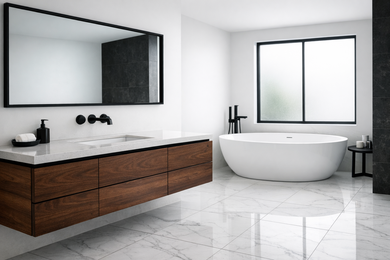 A modern black and white master bathroom