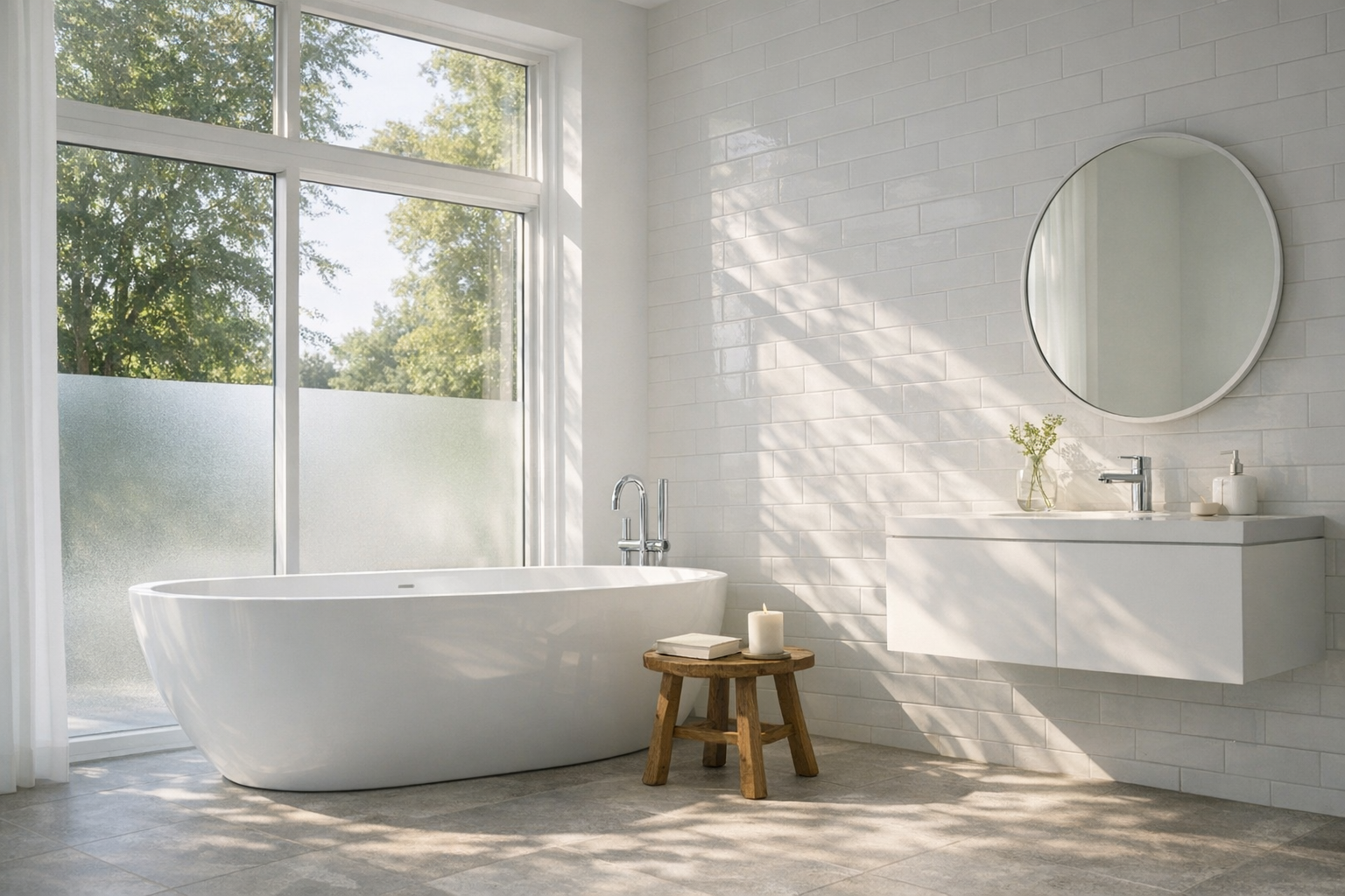 A bright master bathroom flooded with natural light
