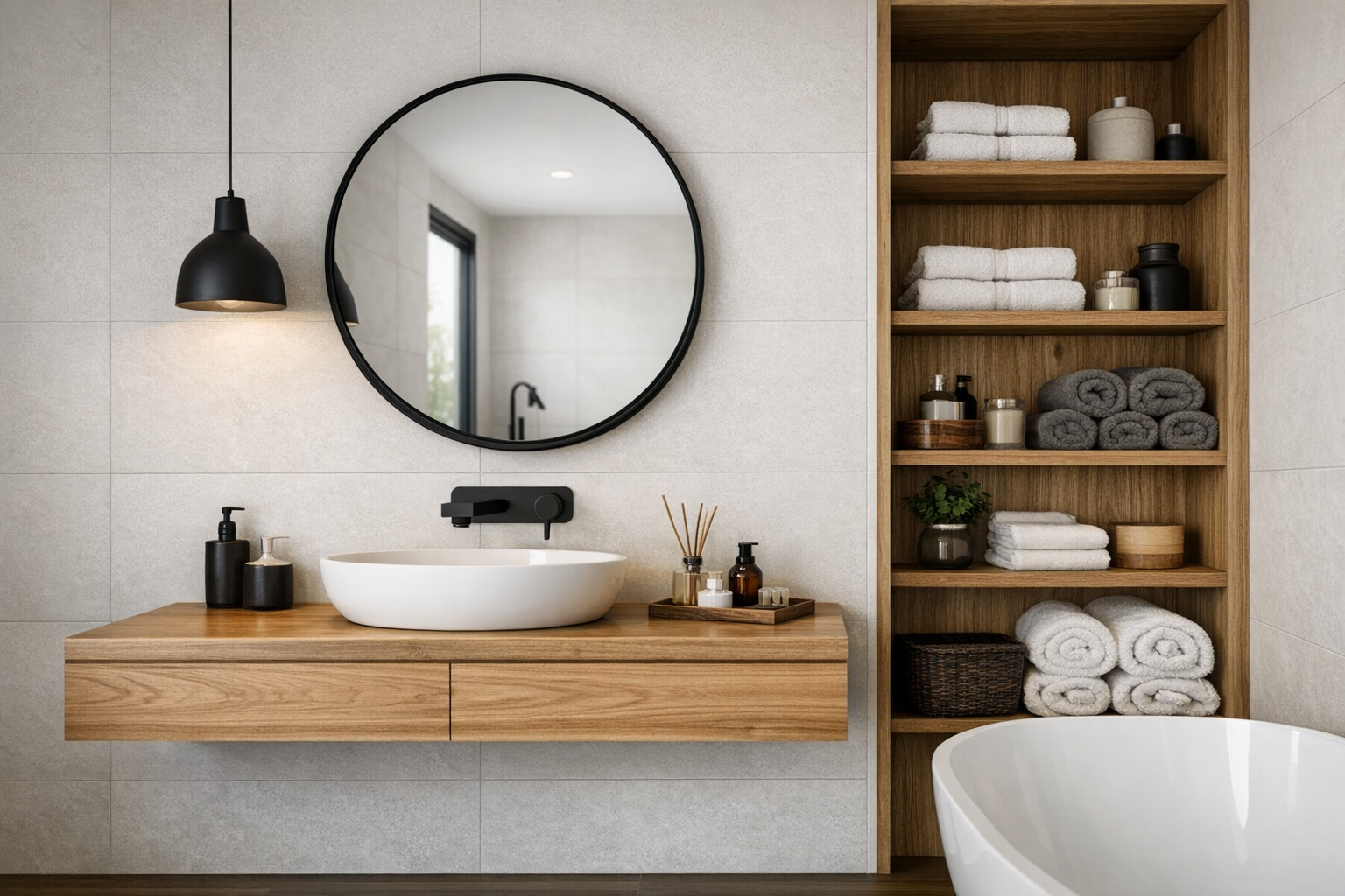 A contemporary master bathroom with black and wood accents