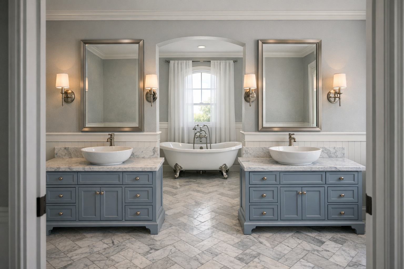 A traditional master bathroom with his-and-her sinks