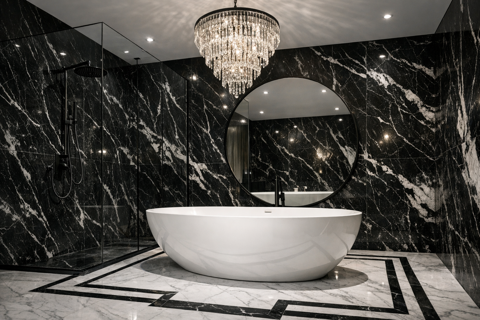 A bold, dramatic black and white master bathroom