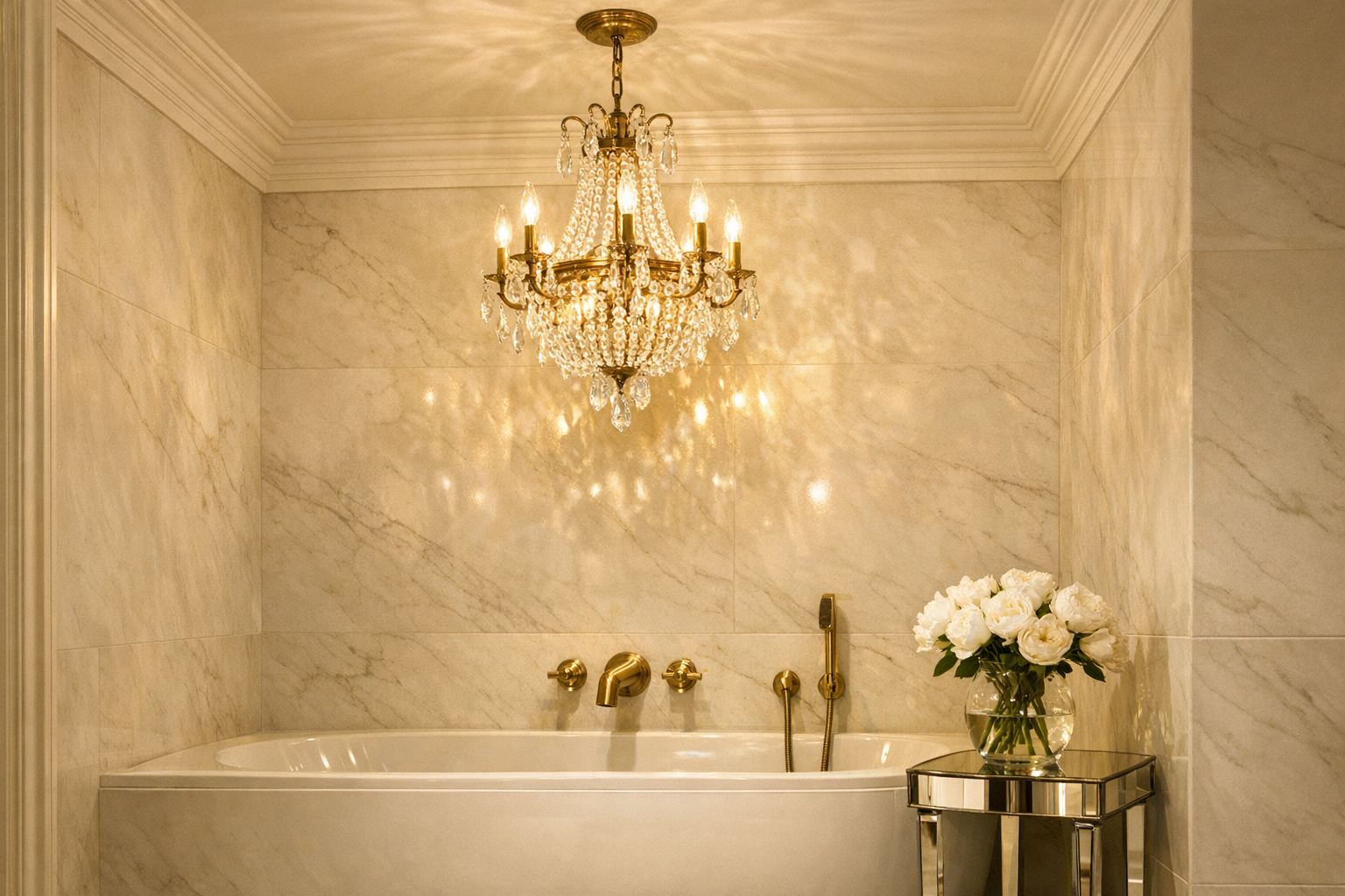 A glamorous master bathroom with a crystal chandelier