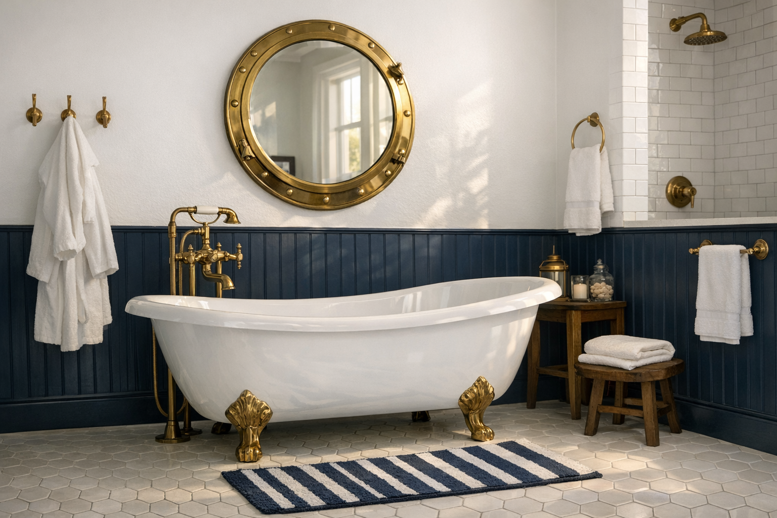 A classic maritime-style master bathroom