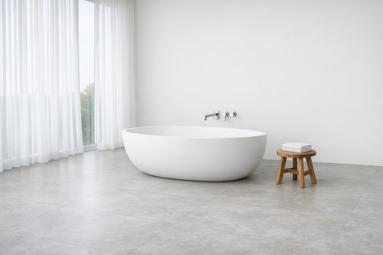 A luxurious master bathroom emphasizing open space around the fixtures