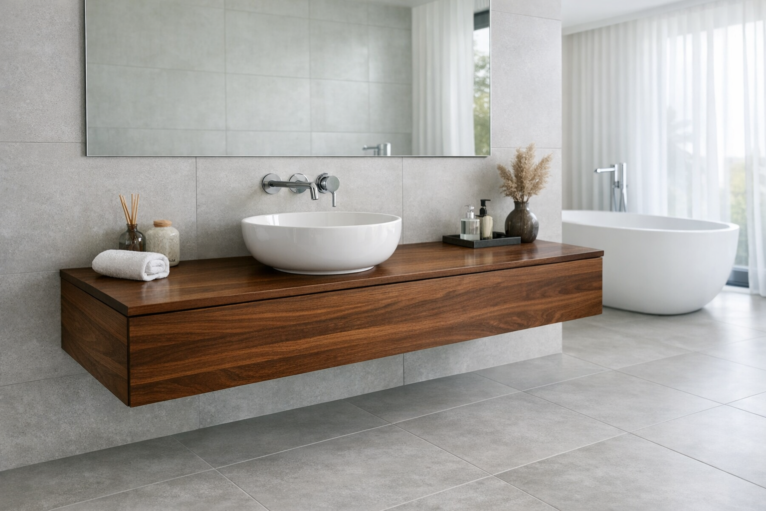 A master bathroom with a floating vanity and vessel sink