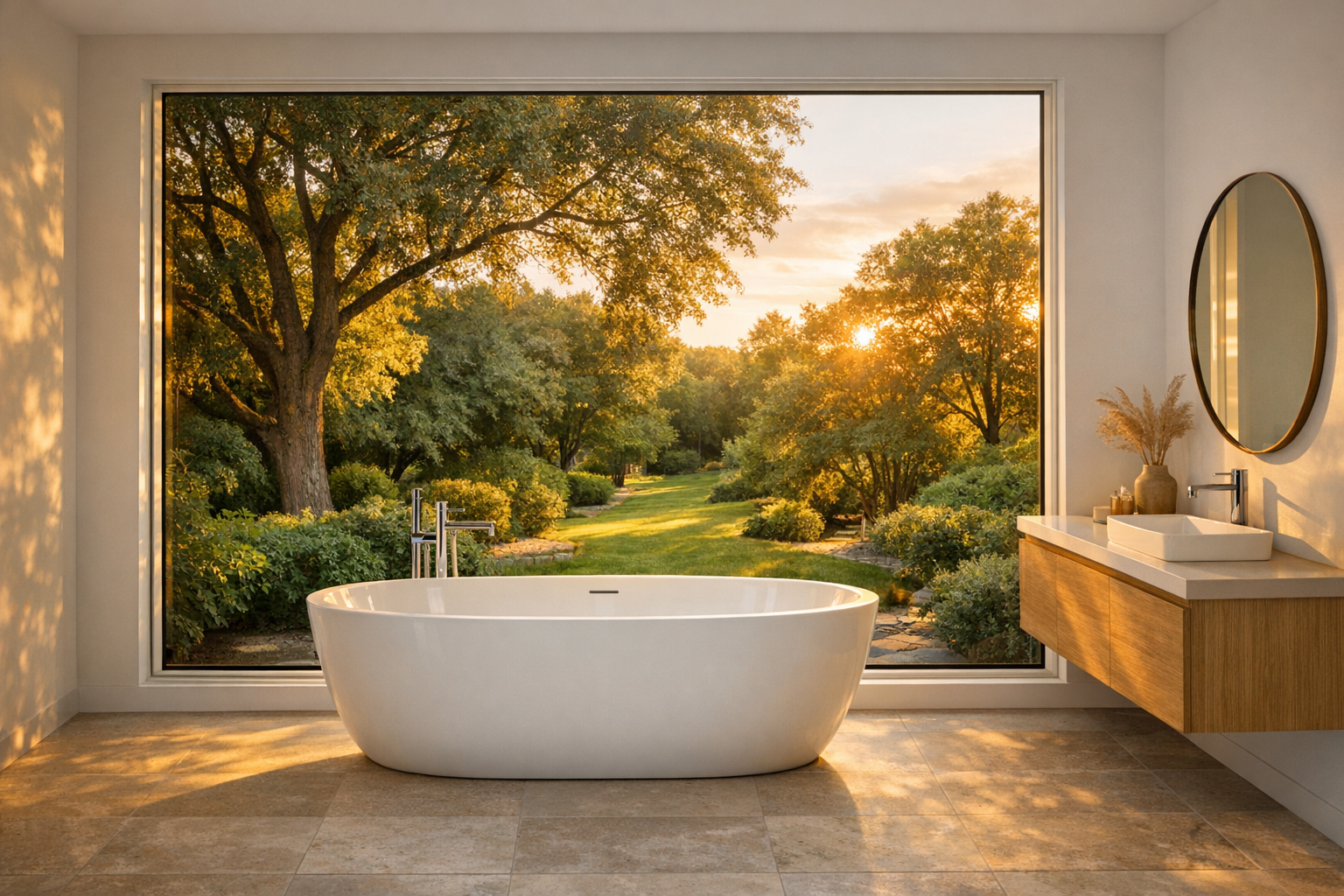 A modern master bathroom with a stunning outdoor view