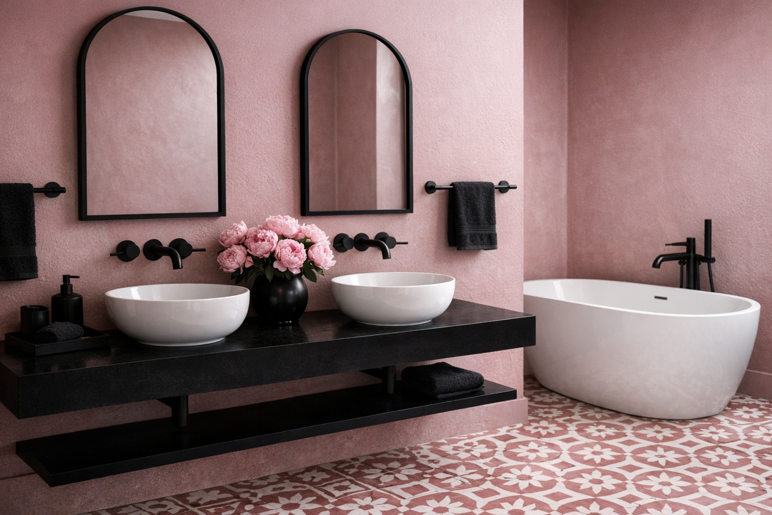 A modern bathroom with a bold pink and black color palette