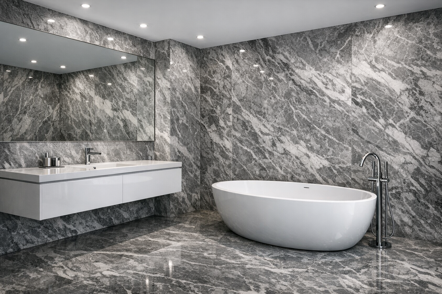 A luxury bathroom with polished gray marble walls
