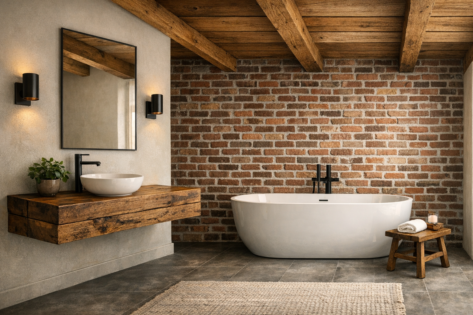 A serene master bathroom with wood and brick elements