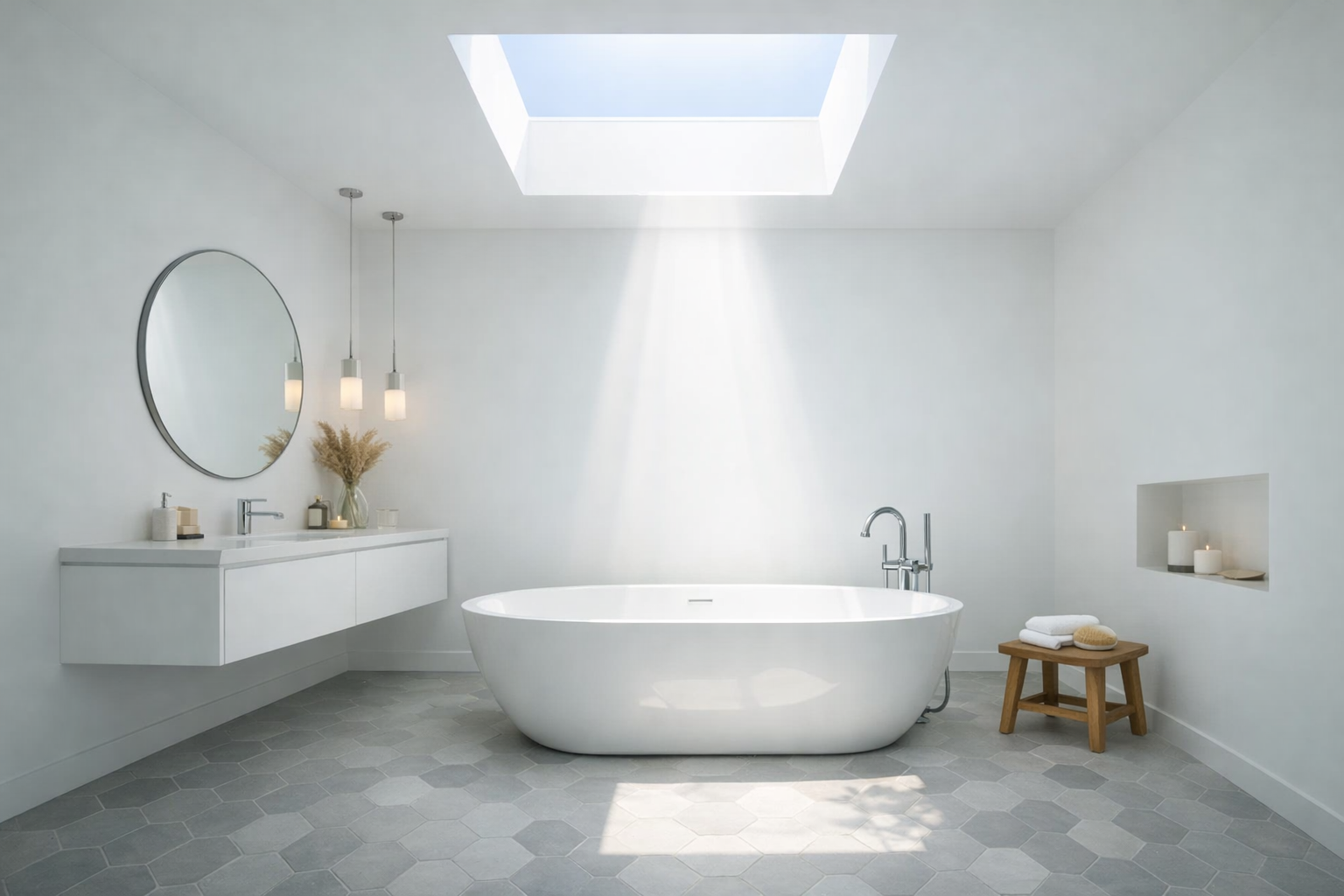 A master bathroom with a large skylight flooding the room with natural light