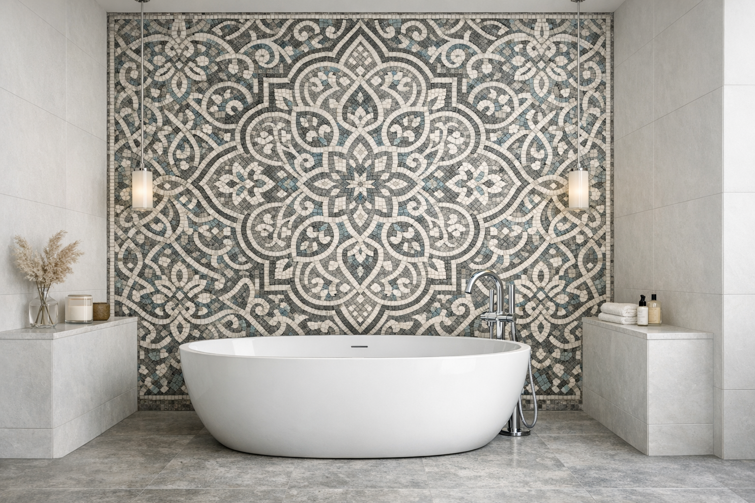 A master bathroom with a stunning mosaic tile accent wall