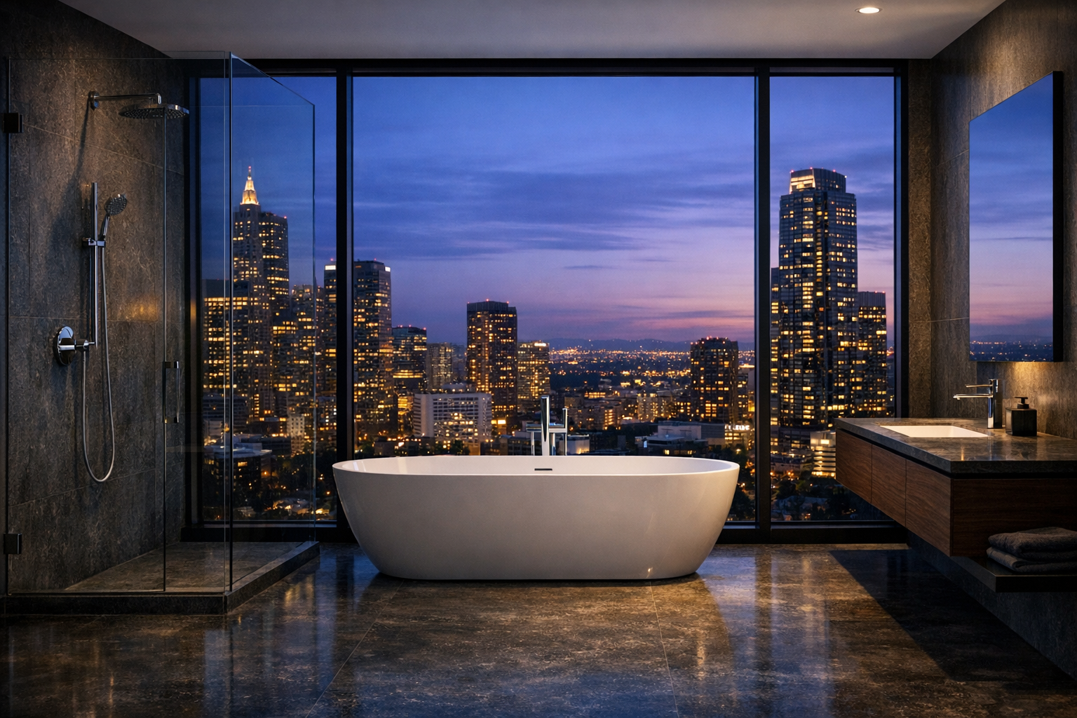 A luxury high-rise bathroom with a city skyline view