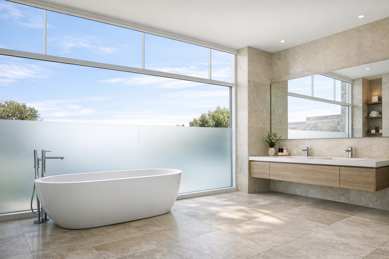 A master bathroom with large pane windows balancing privacy and drama
