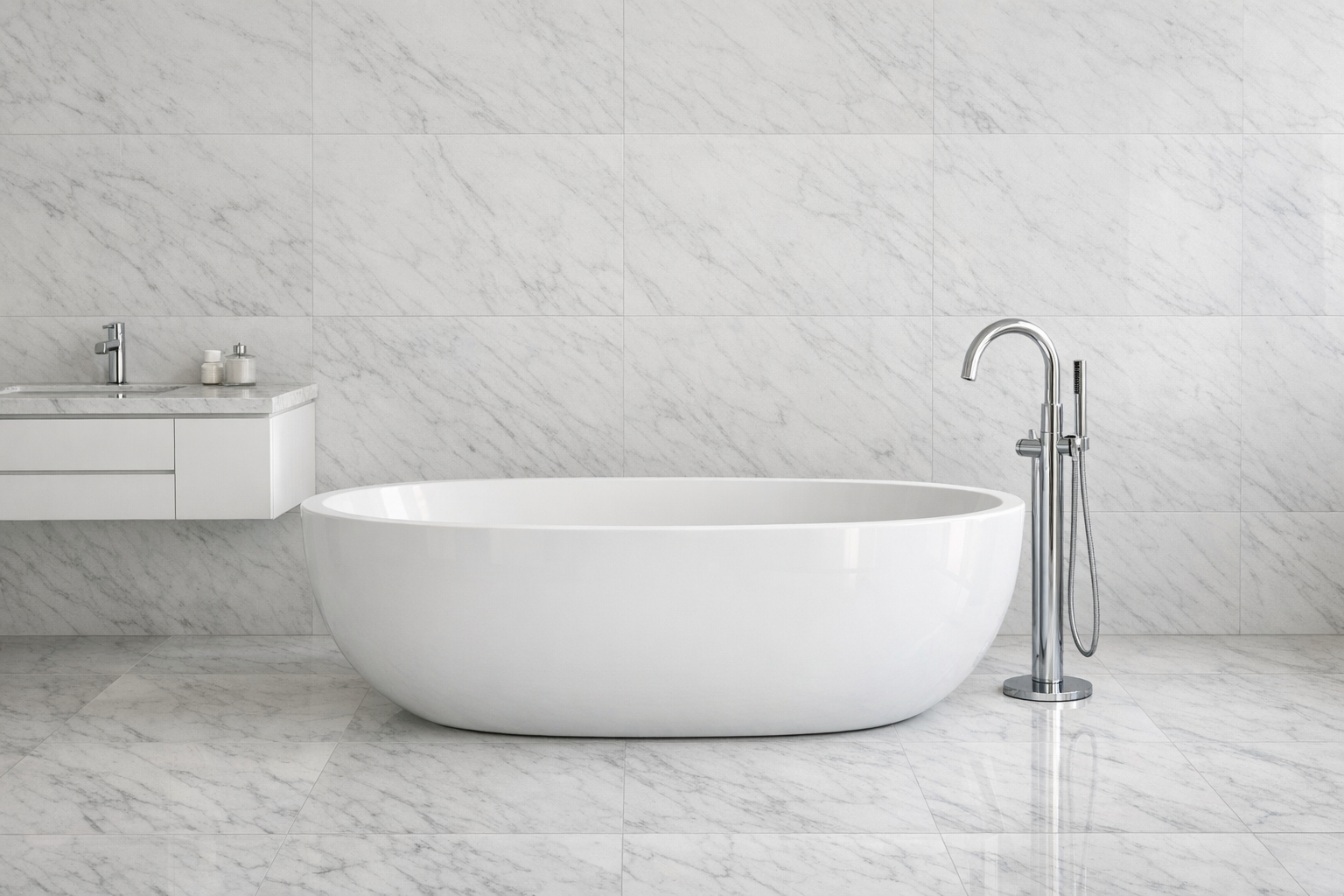 A timeless bathroom with marble tiles and a modern freestanding tub