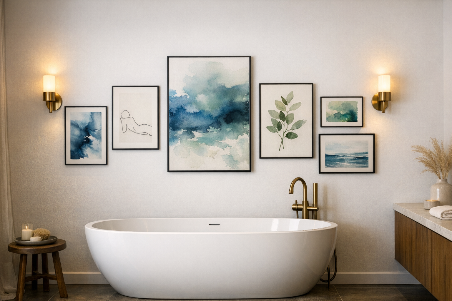 A master bathroom with an art gallery wall