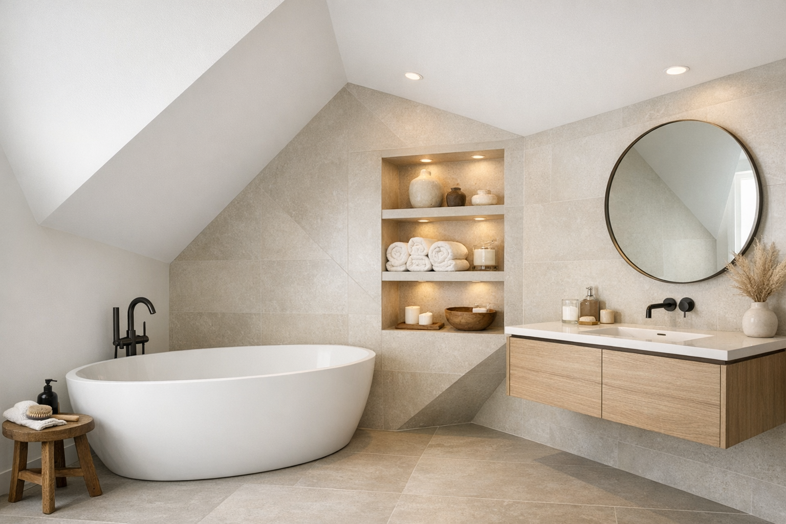 A master bathroom that creatively uses an awkward angled space