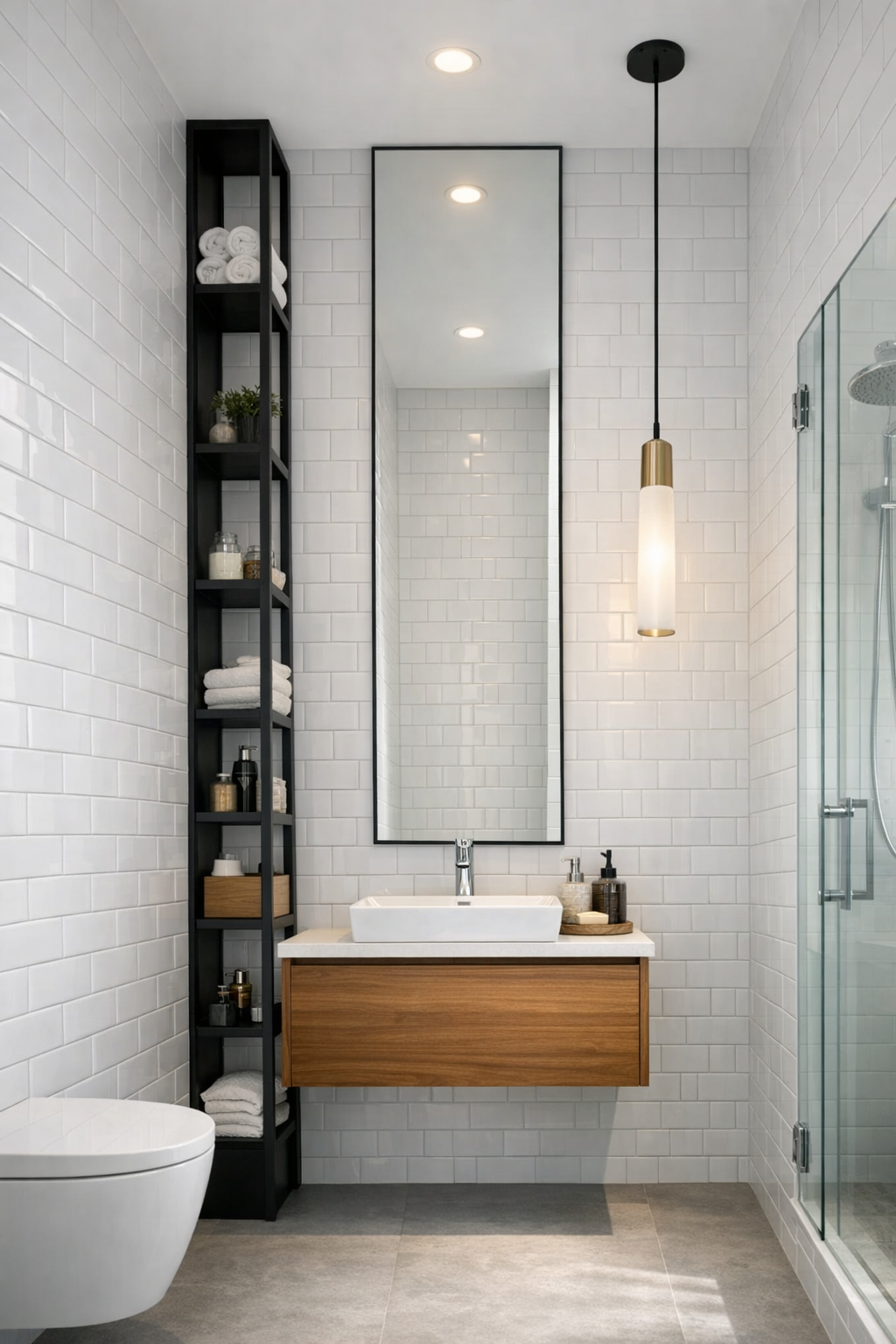 A small master bathroom that uses verticality to feel grand