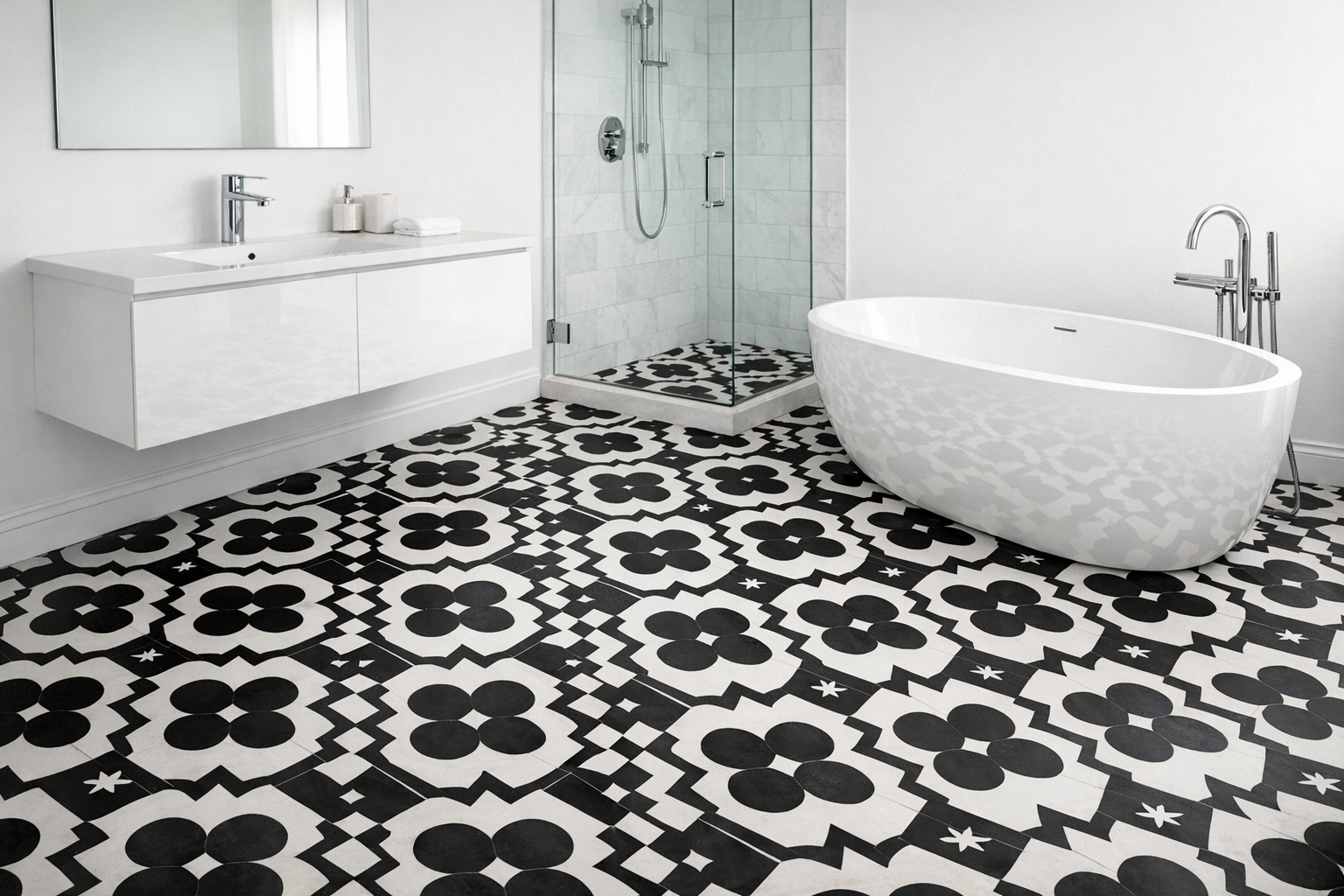 A master bathroom with a bold patterned floor