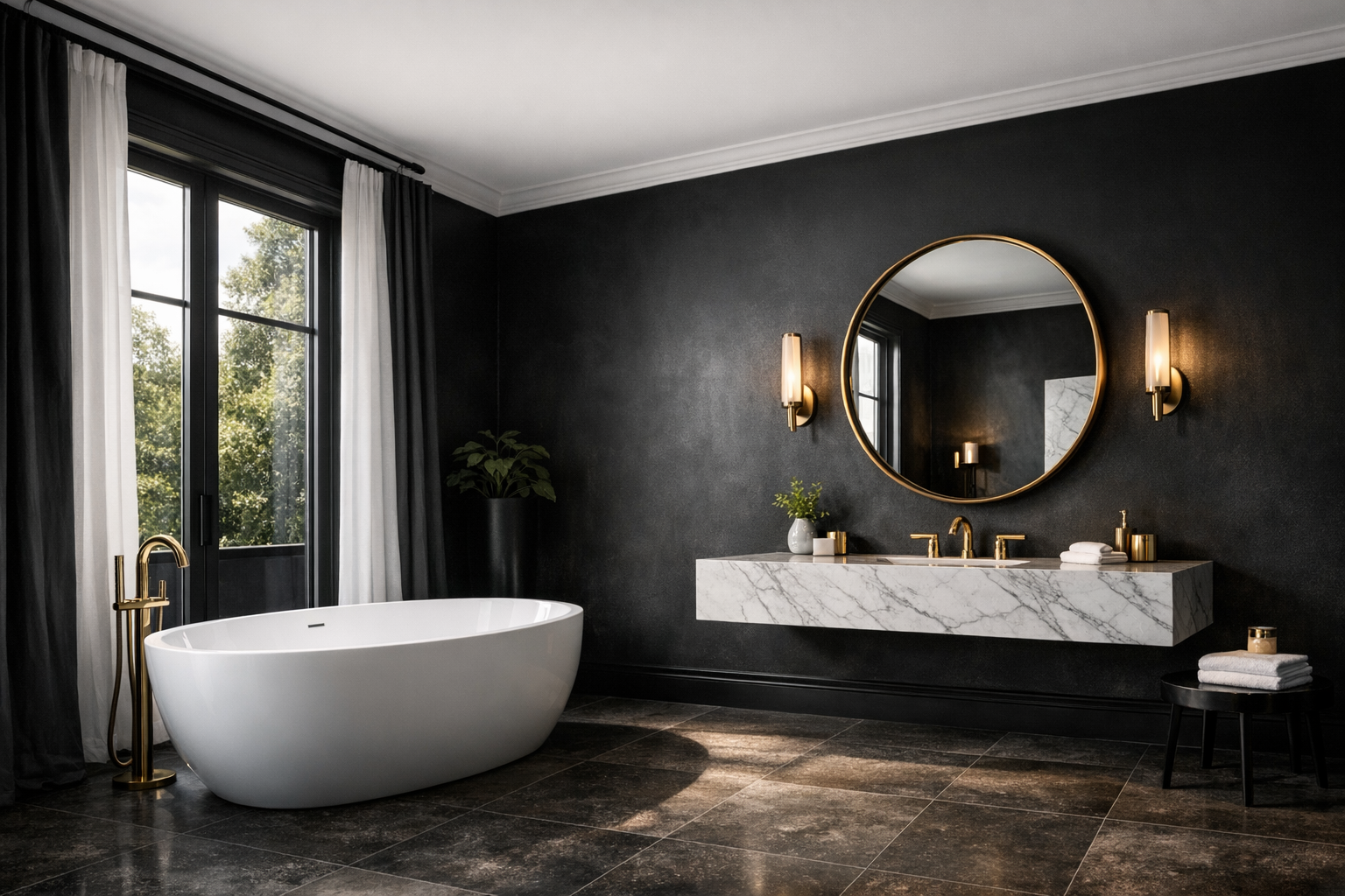 A large master bathroom with dramatic black walls