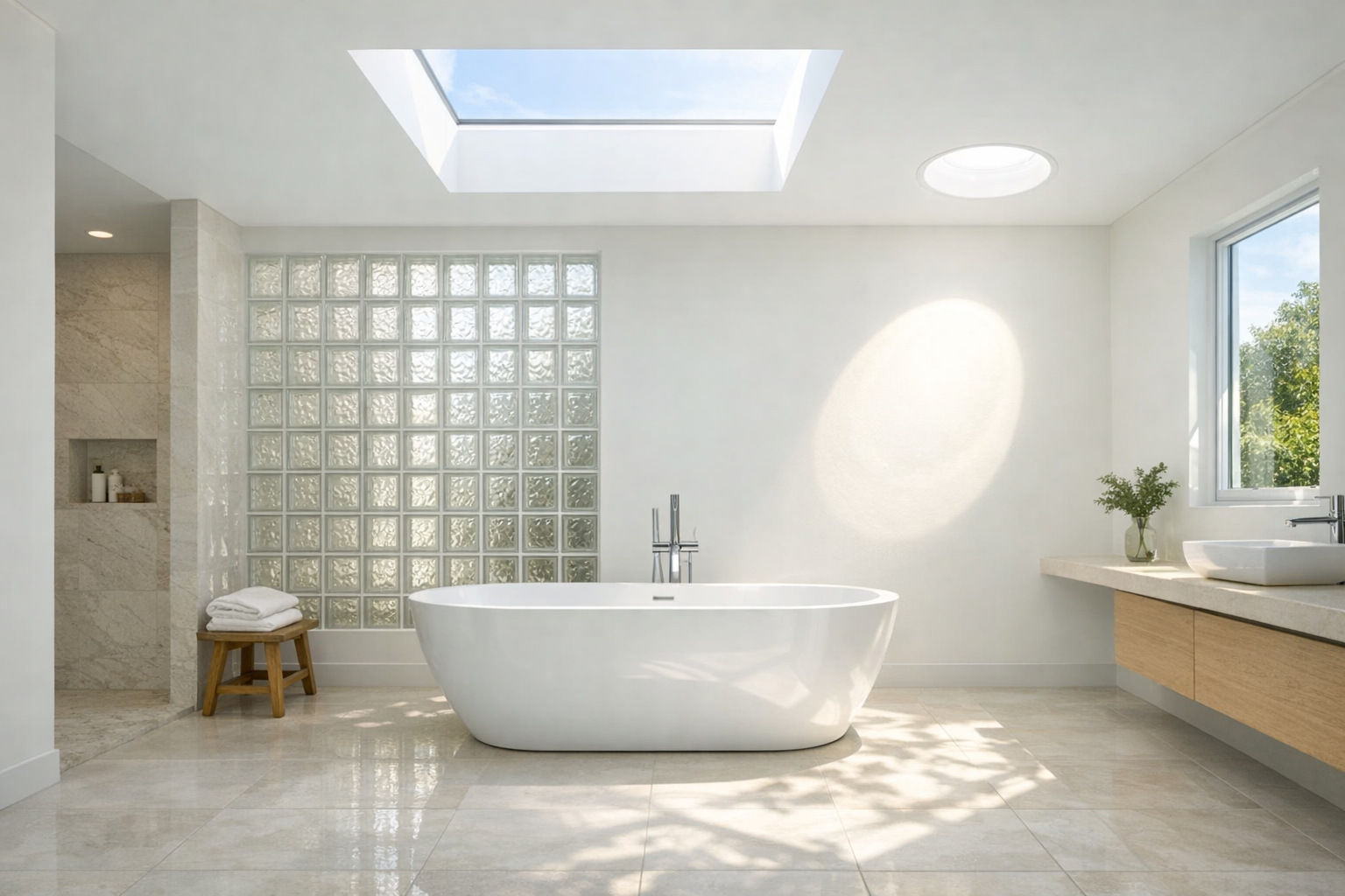 A master bathroom maximizing natural light through multiple sources