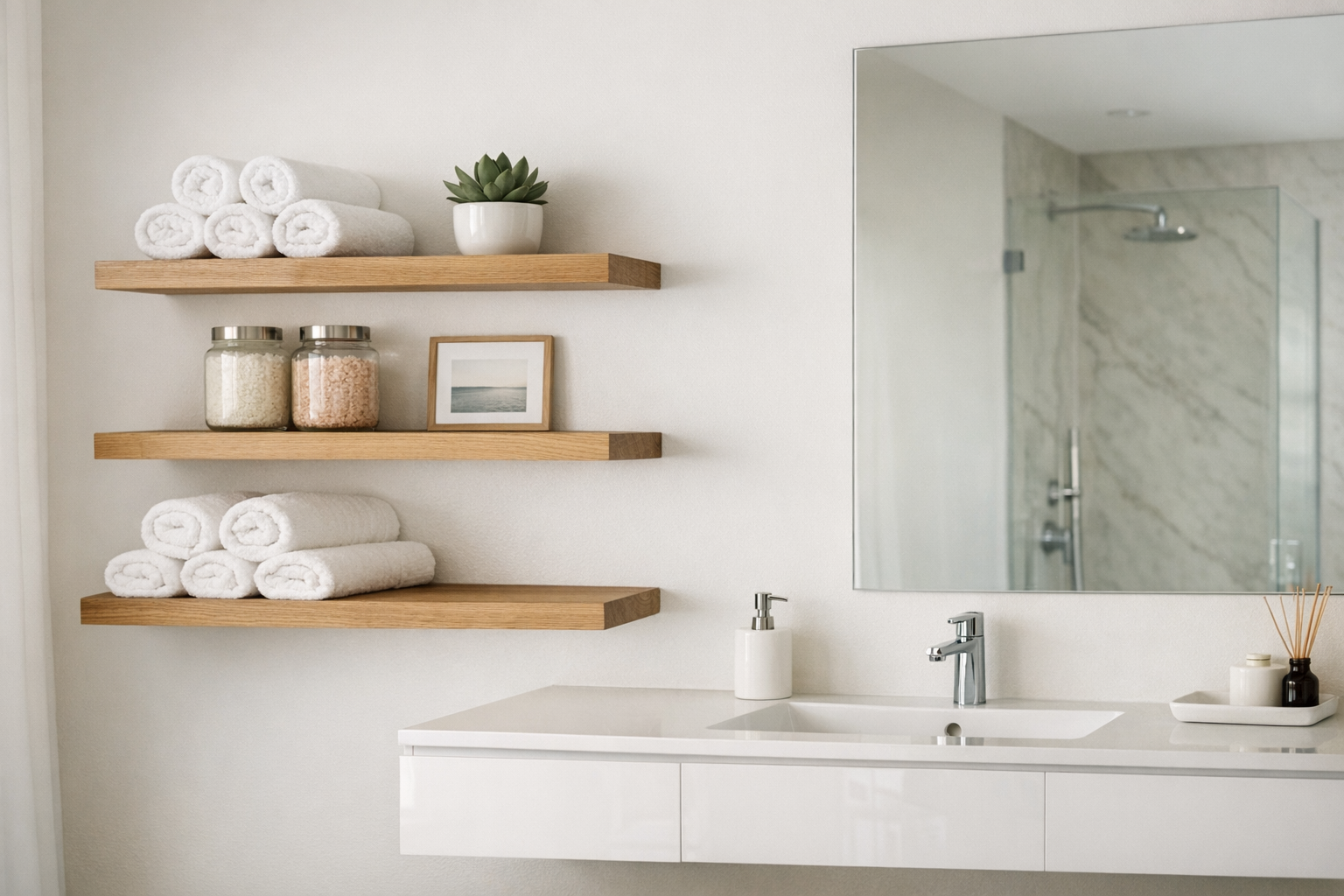 A master bathroom with beautiful open shelving